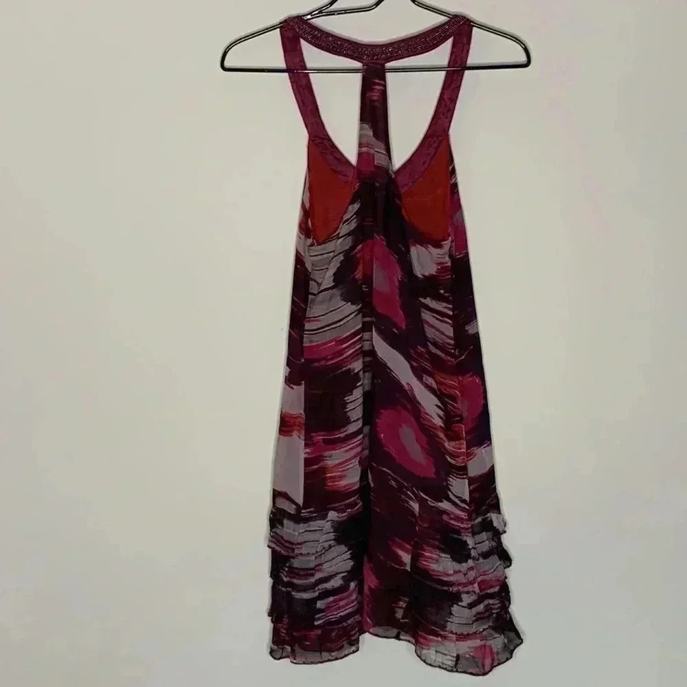 FREE PEOPLE RED OAXACA WATER COLOR SILK BEADED V NECK DRESS Sz 4